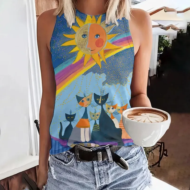 Débardeur d'été imprimé visage drôle de chat en 3D pour femmes, Streetwear à la mode, surdimensionné, col rond, gilet, épaules dénudées, sans manches, Camisole