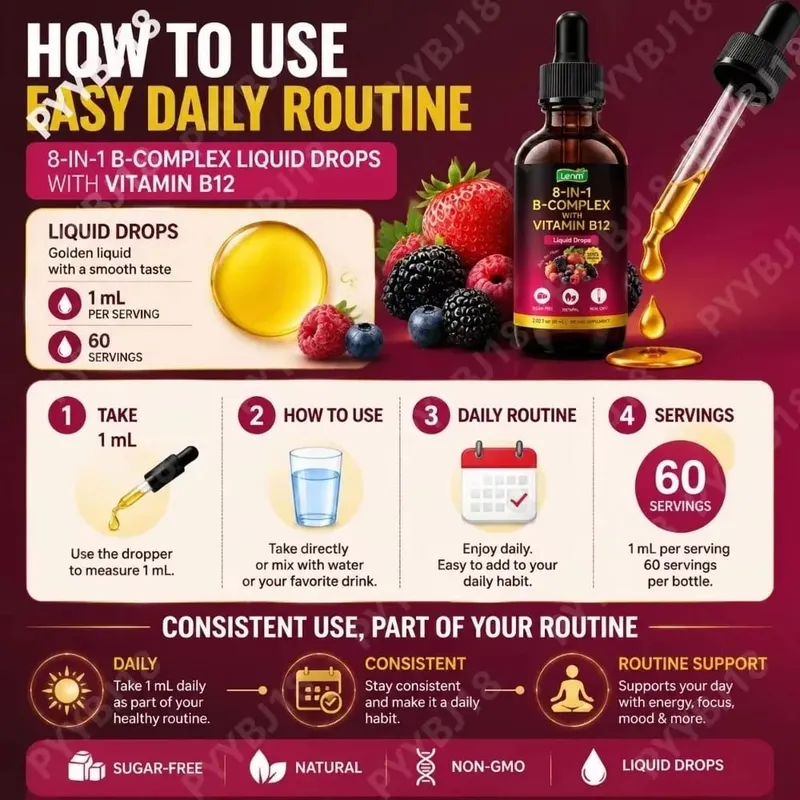 8-in-1 Vitamin B Complex Drops Maximum Absorption with Folate Vitamin B12 Supports Energy Focus Metabolism & Nervous Health 60ML