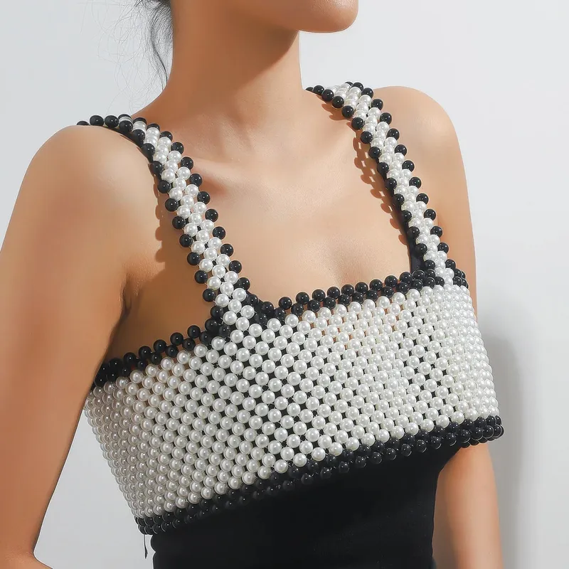 Sexy Women's Pearl Shoulder Bared Mesh Vest with Adjustable Ribbon Fashionable Sleeveless Summer Wear Ladies Pearl Top