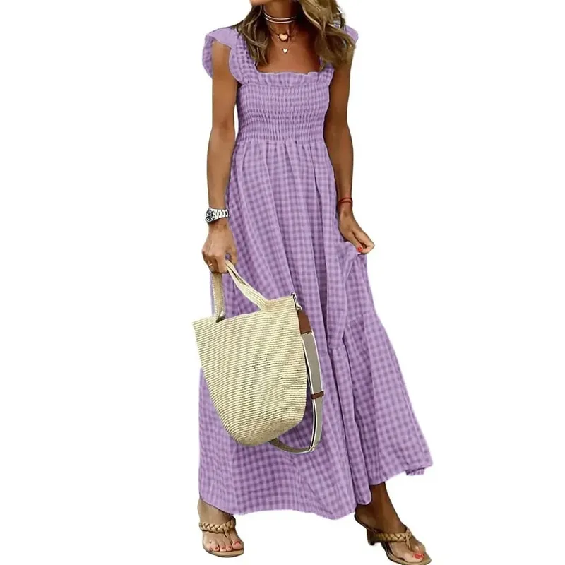 Elegant Plaid Slip Maxi Long Dress Summer Women Strapless Ruffle Backless Pleated Elastic Waist Boho Party Swing Loose Dresses