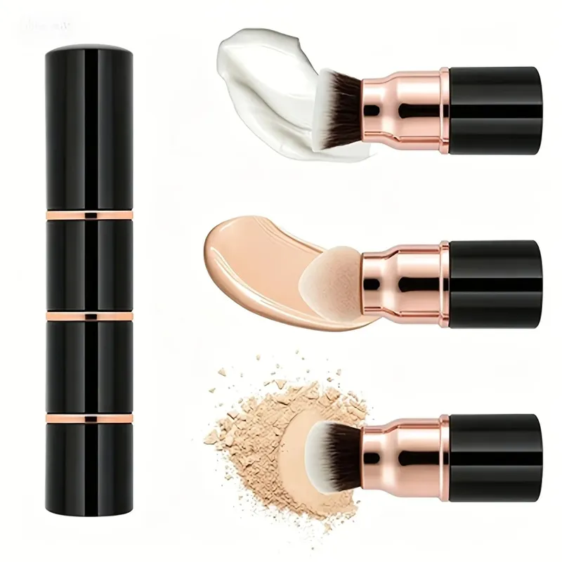 3in1 Mini Portable Makeup Brush with Dust Cap Detachable Sponge Angled Foundation & Powder Heads Bionic Hair Sturdy Aluminum