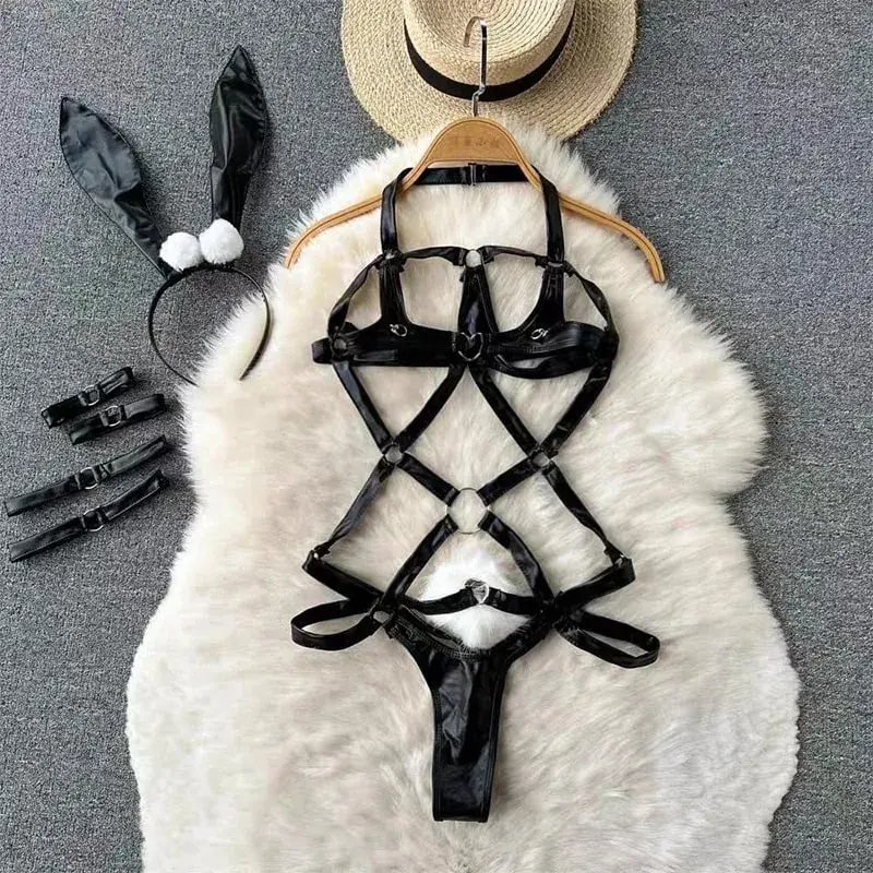 Sevimli Gri Tavşan kulaklık Üst Seksi Backless Slim Fit Bodysuit Zip Kolsuz Kadın Seksi Erotik Iç Çamaşırı Tavşan Cosplay Tulum
