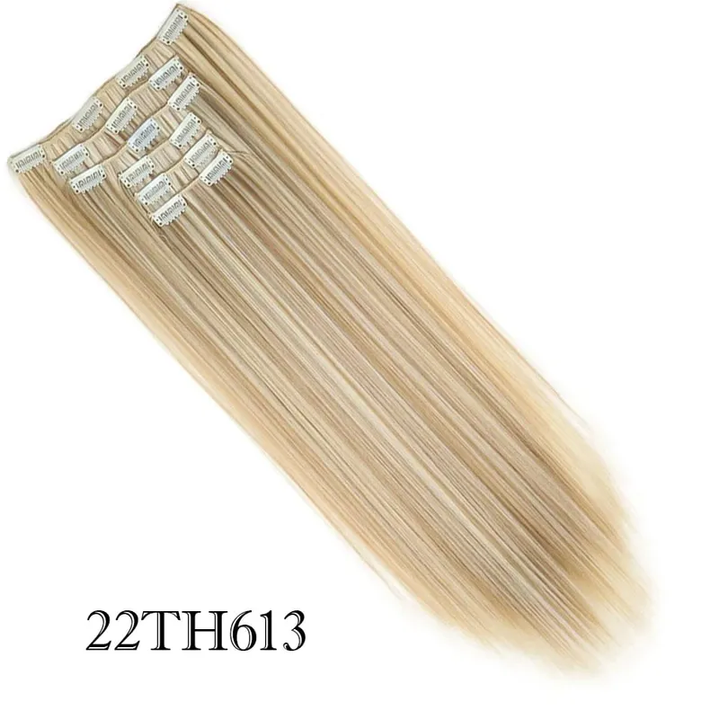 6Pcs/Set Clip In Hair Extension Synthetic Highlights Blonde Long Straight Hairpiece Full Head Thick Hairpieces for Women Girls