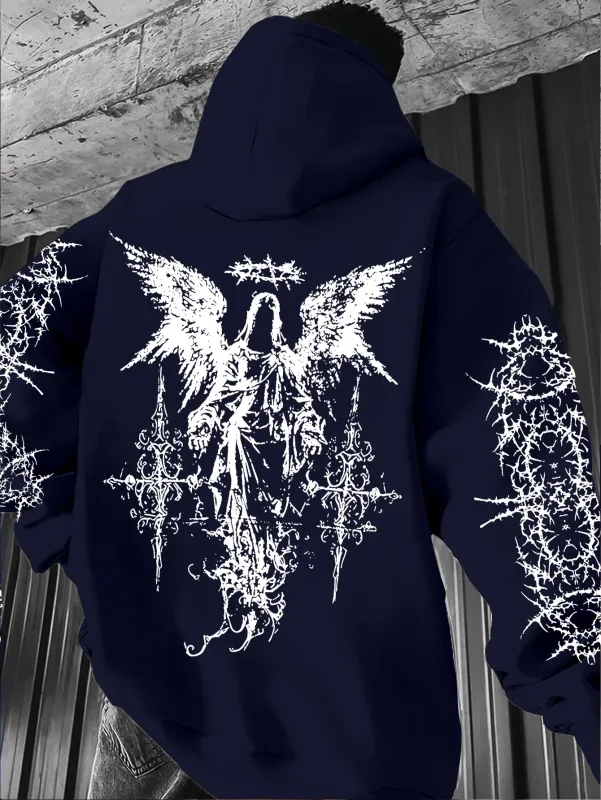 Men's Angel-themed graffiti thorn print streetwear hip-hop punk style hooded sweatshirt regular fit version sweatshirt hoodie — image 5