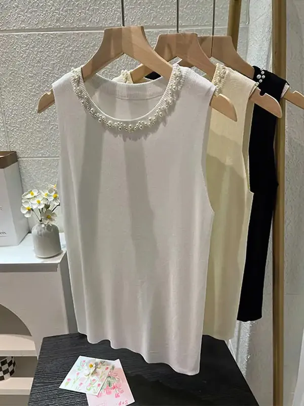 White Women Camisole 2026 New Summer Slim Thin Ice Silk Knit Vest Trendy Beaded Decor O-Neck Sleeveless Tank Top