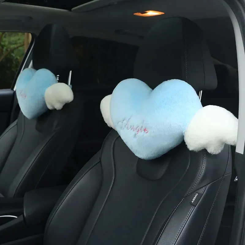 Cute Heart Angel Wings Car Neck Pillow Soft Plush Auto Headrest Pillow Universal Car Seat Head Support Cushion Decor Gift