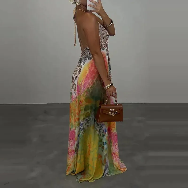 Casual High Waist Evening Party Dress Sexy V-neck Backless Sleeveless Vacation Robes Elegant Bohemian Printed Women Loose Dress — image 1