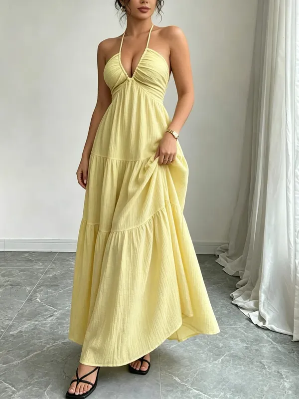 Women Halter Maxi Dress Neck Tiered Gathered Bust Textured Empire Waist Dresses Casual Boho Summer Date Vacation Beach Dress