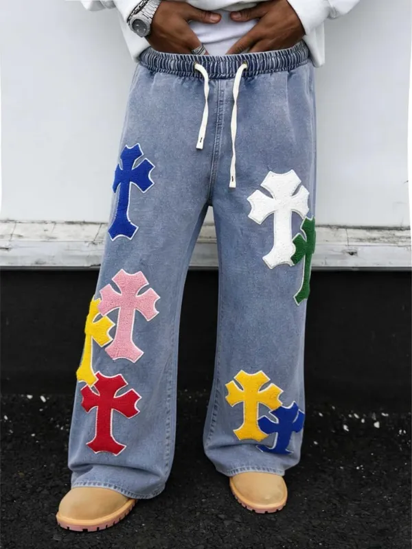 Men's Colorful Cross Embroidered Baggy Jeans Elastic Waist Wide Leg Streetwear Denim Pants Hip Hop Y2K Style Fashion Trousers