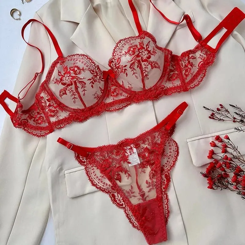 Lace Embroidery Ultra Thin Cup Bra Set Sheer Mesh Sleepwear for Big Bust Women S-XL Push Up Hot Sale 2026 32-38 S-XL Bra Set
