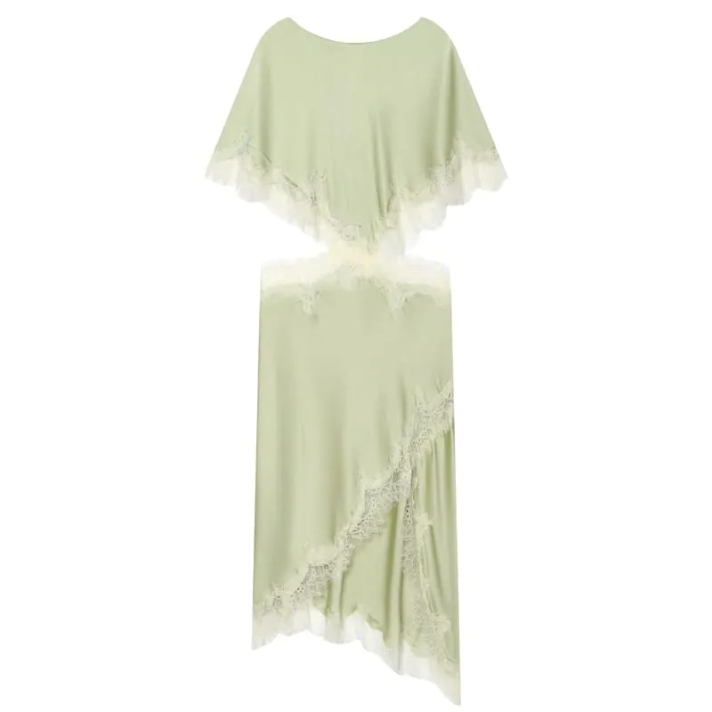 Asymmetric Satin Lace Dress Women's Dress Summer 2026 Sexy Midi O-Neck Batwing Short Sleeve Cut Out Vestidos Party Dresses