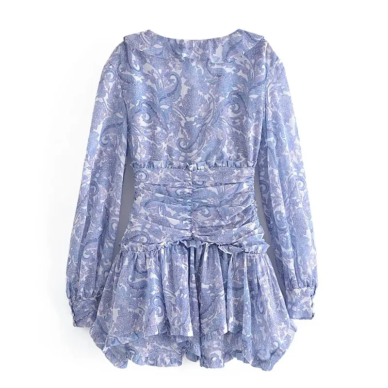 Blue Floral Print Chiffon Mini Dress Women Wood Ears Ruffles V Neck Open Buttons Slim Ruched Waist Long Sleeve Holiday Robe — image 4