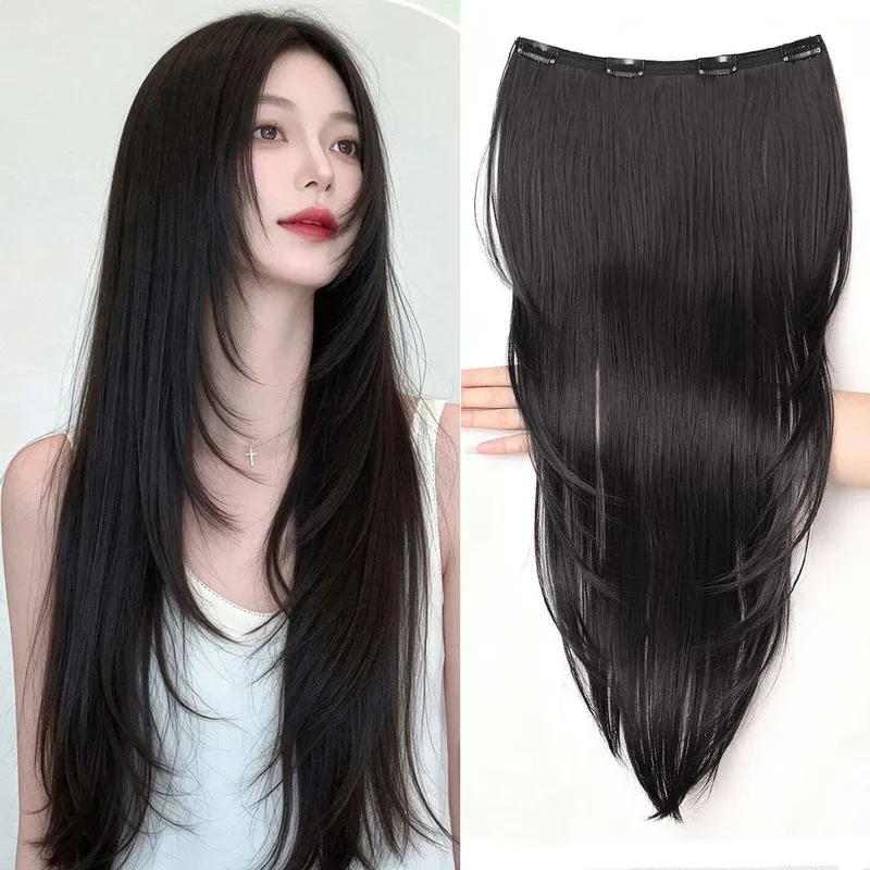 Synthetic Straight Hair Extension One Piece Layered Lightweight Invisible Seamless Clip-in Hairpiece 4 Clips for Women Daily