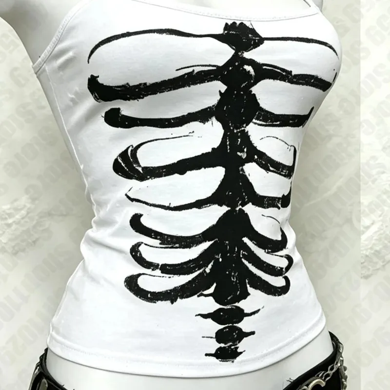 Y2K Gothic Alt Sleeveless Crop Top Vintage Grunge Skeleton Front Back Graphic Slim Women Skeleton Ribcage Spine Cami Tank Tops