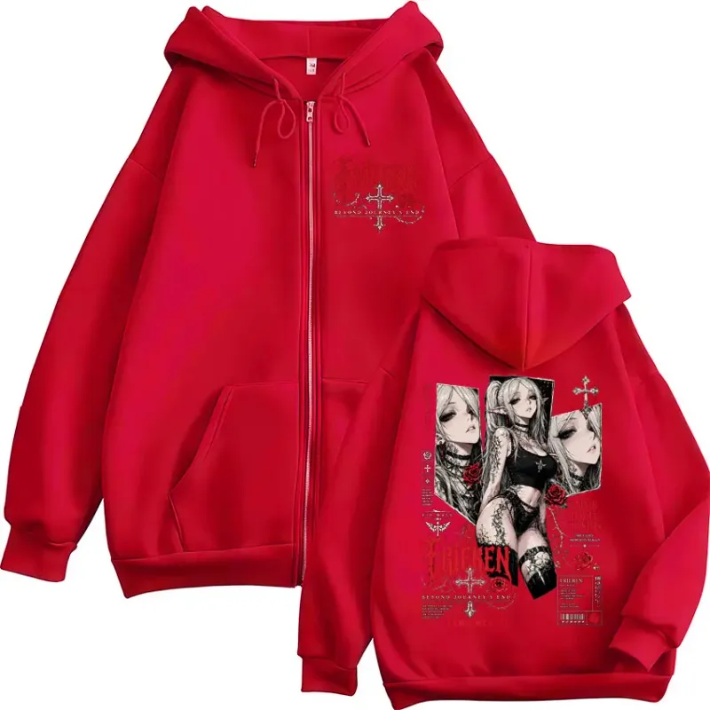 Anime Frieren Beyond Journey's End Zipper Hoodies Men Women Clothing Oversized Fleece Zip Up Hooded Sweatshirts Coats Streetwear