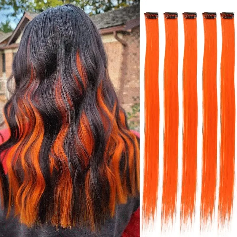 5 Pieces of Colorful Hair Clips 24 Inch Long Straight Fake Hair Clips Combined for Christmas Fashion Wig Pieces