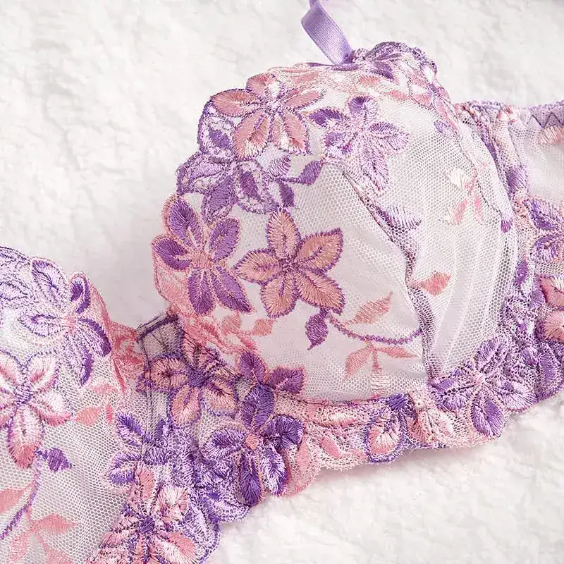 Purple Sexy Lingerie for Women Sets Lace Embroidery 2 Piece Underwear Set Sheer Mesh Bra and Panty Set with Underwire