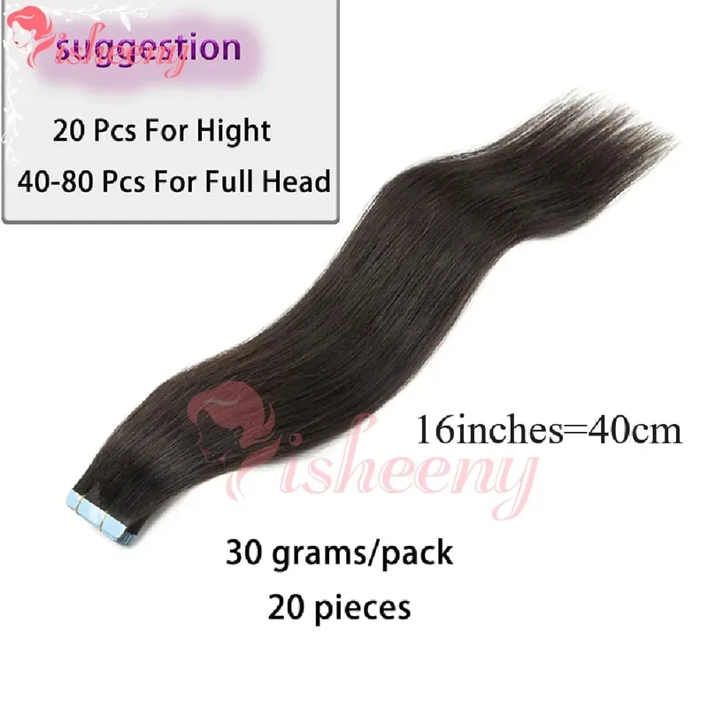 Isheeny Remy Tape‑In Human Hair Extensions Straight Real Human Hair With 4cm Wide Waterproof Adhesive Strips Seamless Flat‑Lay On Scalp Smooth Full Hair Ends Tangle‑Resistant Salon & Home Use 20Pcs 30g Per Pack