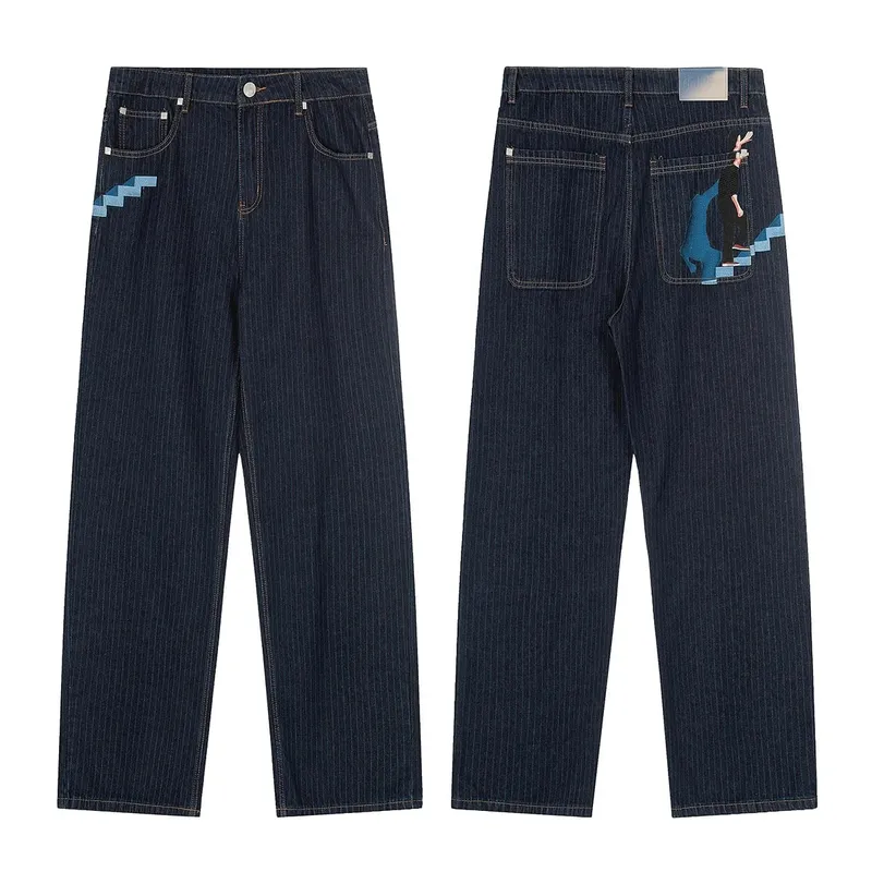 High Street Flower koi Fish Embroidery Baggy Jeans Pants for Men and Women Pantalones Hombre Straight Denim Trousers Oversized