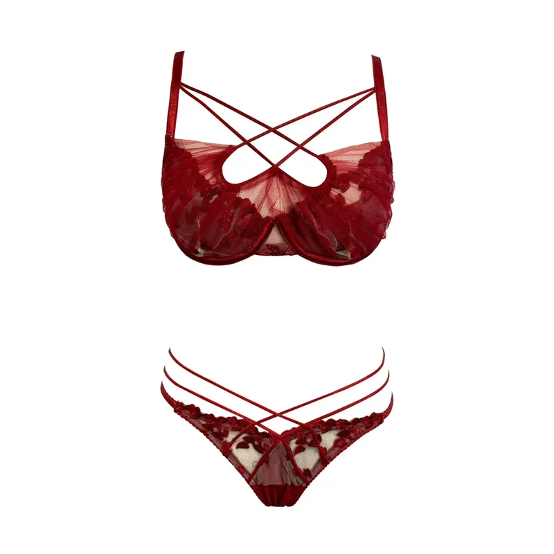 Ensemble de Lingerie d'été en dentelle brodée, cravate croisée, soutien-gorge Push Up en maille transparente, sous-vêtements confortables à porter au quotidien pour femmes, taille 32-38
