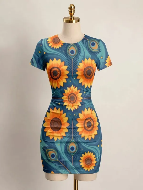 Womens Short Sleeve Bodycon Mini Dress Slim Fit Crew Neck Floral Print Casual Summer Party Cute Elegant Summer Vacation Sundress