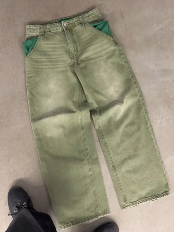 Nam Chân Thẳng Ống Rộng Áo Dạo Phố Quần Jean Thời Trang Xanh Matcha Rửa Sạch Gradien Quần Denim Bông Tai Kẹp Unisex Dáng Rộng