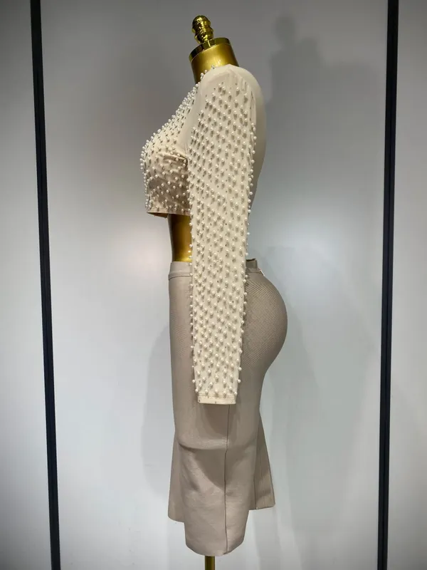 Women Sexy Long Sleeve Mesh Pearl Top Celebrity Midi Women Bandage Set 2025 Designer Evening Party Luxury Birthday Two Piece Set