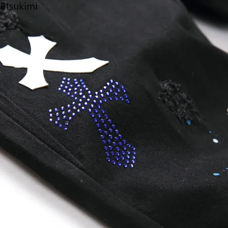 2026 New Men's Fashion Crystal Cross Stretch Denim Jeans Holes Ripped Distressed Black Pants Embroidery Slim Tapered Trousers