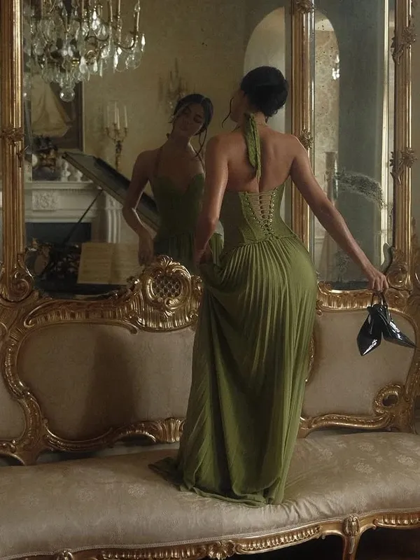 Green Chic Corset Halter Long Dress Women Solid Backless Off Shoulder Pleated Patchwork Slim Dresses 2026 Lady Party Gown New