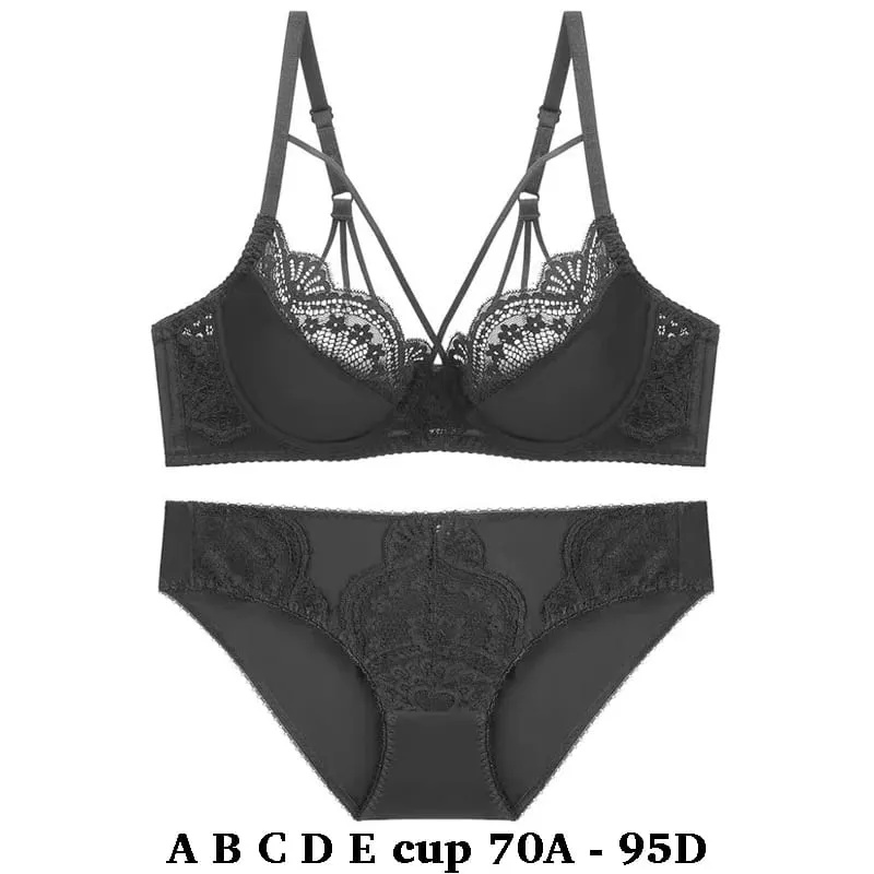 high quality sexy lace women bras and brief two piece set push up A B C D E cup wire summer lingerie underwear blue red black