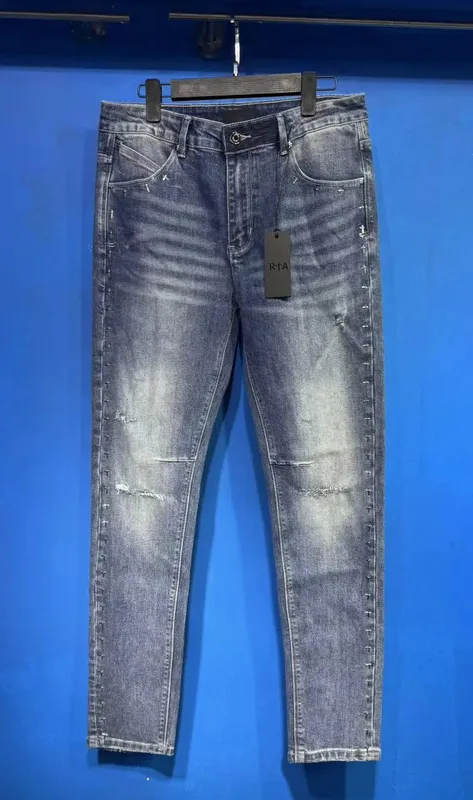 New RTA Destroyed Scratch Hole Light Blue Distressed Jeans Men's High Street Elastic Slim Fit Jeans 2026 Brand Pants Streetwear