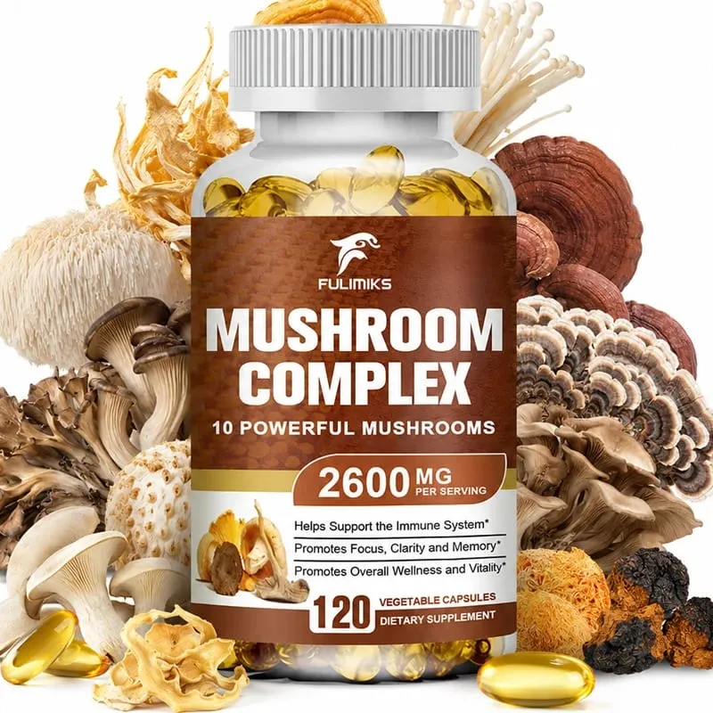 Organic Mushroom Capsules 2600MG with Lion's Mane Reishi & Cordyceps Supports Immunity Brain Focus Memory & Energy