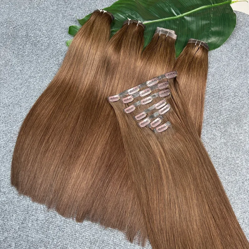 #2 Färg Rak Clip ins Human Hair Extensions 100 Gram 7 Styck/Set Seamless PU Weft Clips i vietnamesiska 100% Raw Virgin Hair