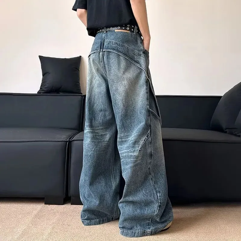 Korean Version Men'S Curved Knife Jeans With Loose Retro Design Straight Leg Pants Casual Large Pocket Wide Leg Pants