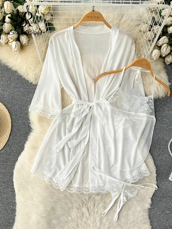 Women Satin Sexy Pajamas Suits 2024 Mesh Long Outwear+Halter Backless Bra+Open Croth Thongs Sheer Lace Nightwear Suits