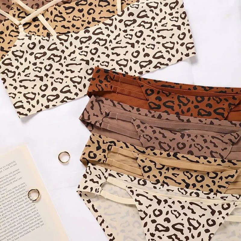 Vendita calda Leopard Ice Silk Bralette Wireless Active Fitness Reggiseno Tracelss Breve reggiseno senza cuciture e set di slip per le donne