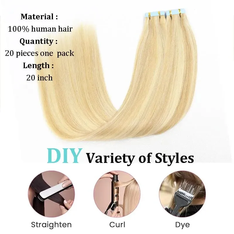 Tape In Hair Extensions Remy Human Hair Blonde Highlight Invisible Hair Extensions For Short Straight Hair 20Inch 20Pcs/Pack