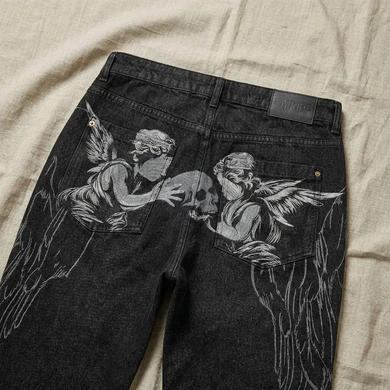 Black Winged Angel Skull Embroidered Baggy Denim Jeans Men Y2K Streetwear Vintage Oversized Cotton Casual Hip Hop Fashion Pants