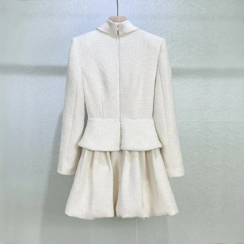 2026 Spring New Arrival Tweed Stand Collar Long Sleeve Faux Two-Piece Tulip Dress - High-Quality Fashionable Elegant Mini Skirt