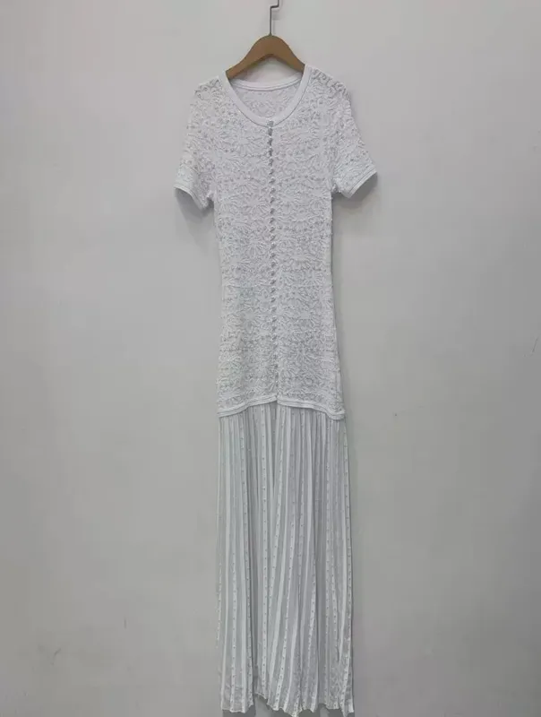 Pearl Decoration Ladies Single-Breasted Knit Midi Dress O-Neck Women's Short Sleeve Slim Fit Splices Long Robes