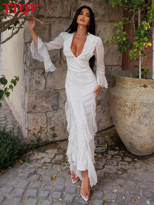 Sexy Slim Print Women's Dress 2025 Fashion V-Neck Long Sleeve Ankle Length Dresses Elegant Classic Ruffles Female Dress