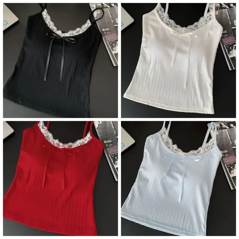 Waist-cinching Sleeveless Slim Lace Crop Top Y2k Solid Color Camisole with Pads Bottoming Shirt Sweet Lace Patchwork Vest Lady