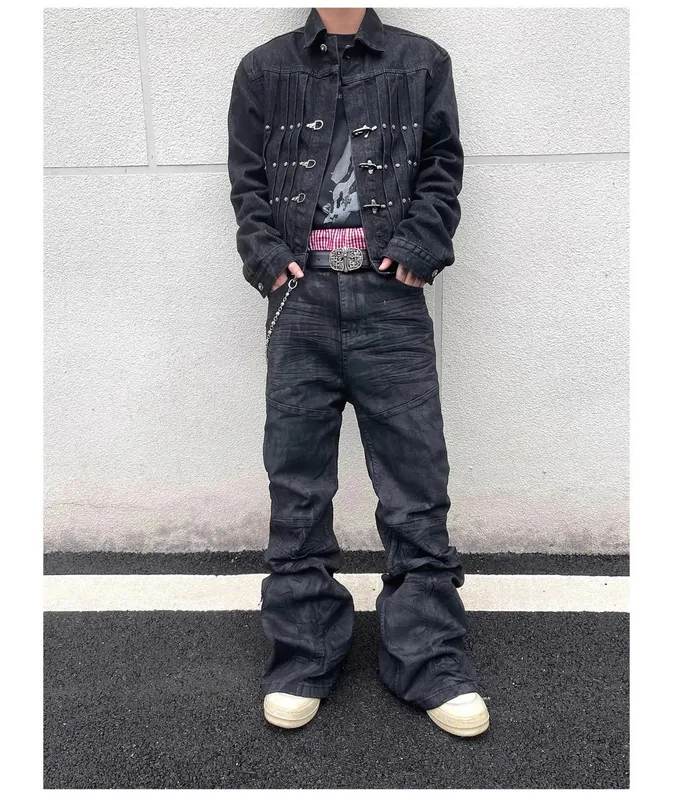 Denim Pant Men Stacked Jeans Vintage Pants Spliced Full Length Mid Waist Washed Straight Trousers Y2k High Street Casual Spring