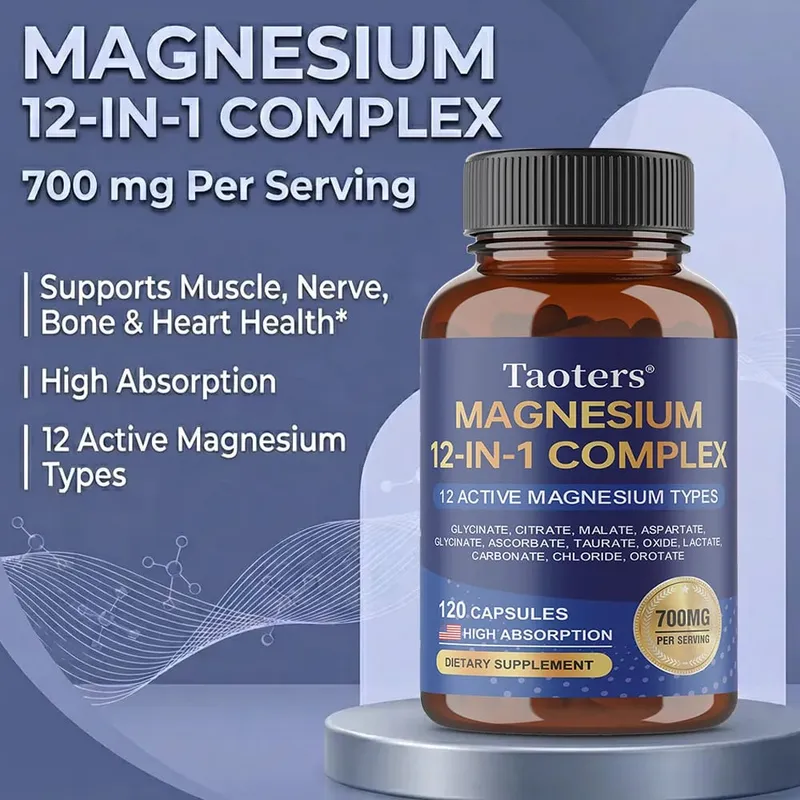Magnesium 12-in-1 Complex Supplement – 700mg High Absorption Glycinate Citrate Malate & Taurate Blend for Muscle Nerve Sleep