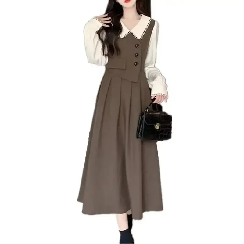 Women Dresses 2026 patchwork fake two-piece long-sleeved baby collar high quality design autumn elegant long dress vestidoes