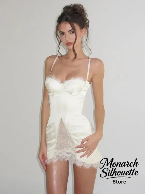Solid Satin Lace Corset Mini Dress Women Sexy Spaghetti Strap Sheer Panel Slim Fit Short Dresses 2026 Trendy Lady Night Out Wear