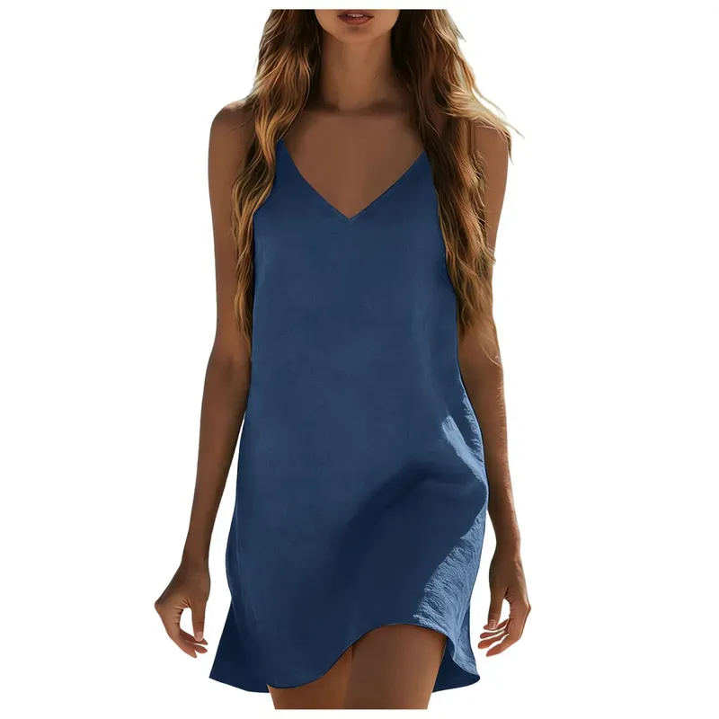 Cotton Linen Dresses For Women Summer Sleeveless V Neck Mini Dress Loose Fit Casual Beach Vacation платье летнее