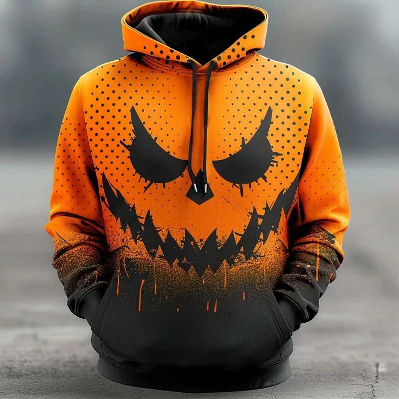 Men Halloween Evil Pumpkin Graphic Printed Hoodie Long Sleeve Pullover Sweatshirt Lantern Men Hooded Shirts Festival Tops