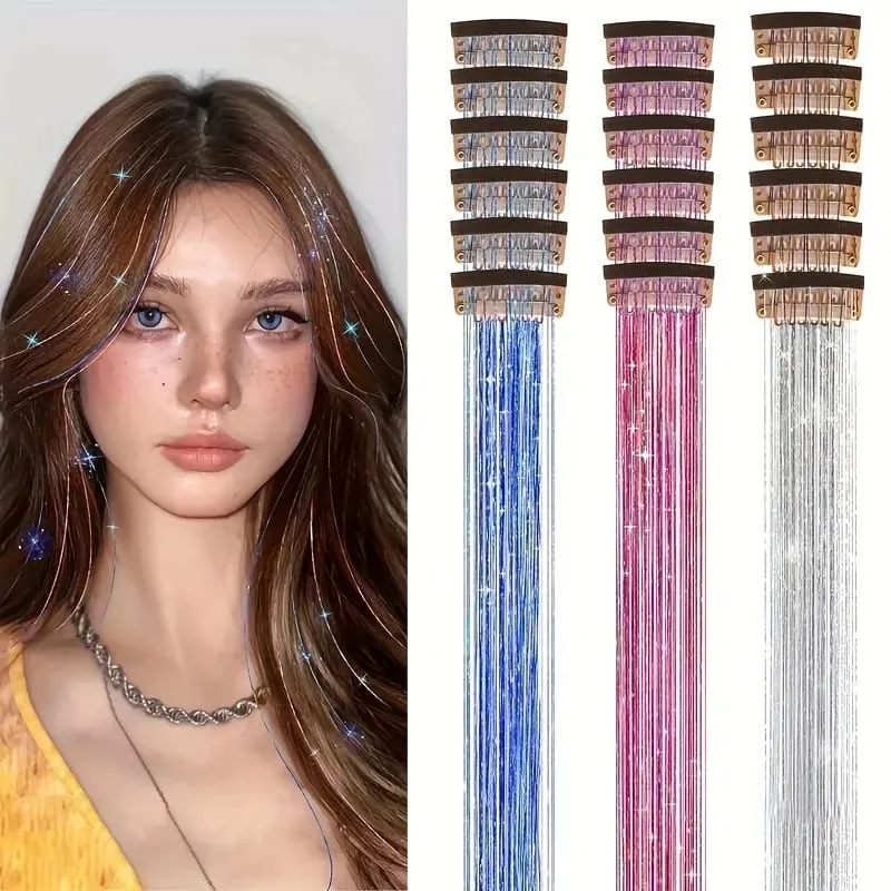 12pcs Per Pack of BB Hair Clips Shiny Metallic Hair Extensions with Clips Synthetic Hair Sparkling Hair Accessories for Women