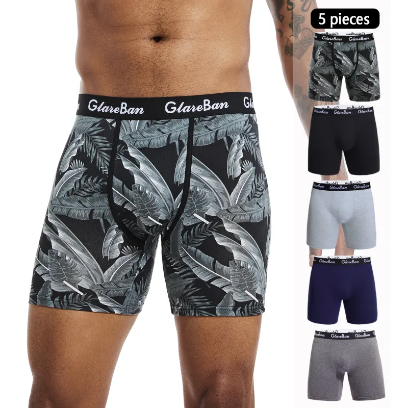 5pcs 세트 중간 길이 검은 복서 반바지 남자 속옷 통기성 남성 속옷 남자 옴므 Boxershorts 슬립 소프트 팬티 2024